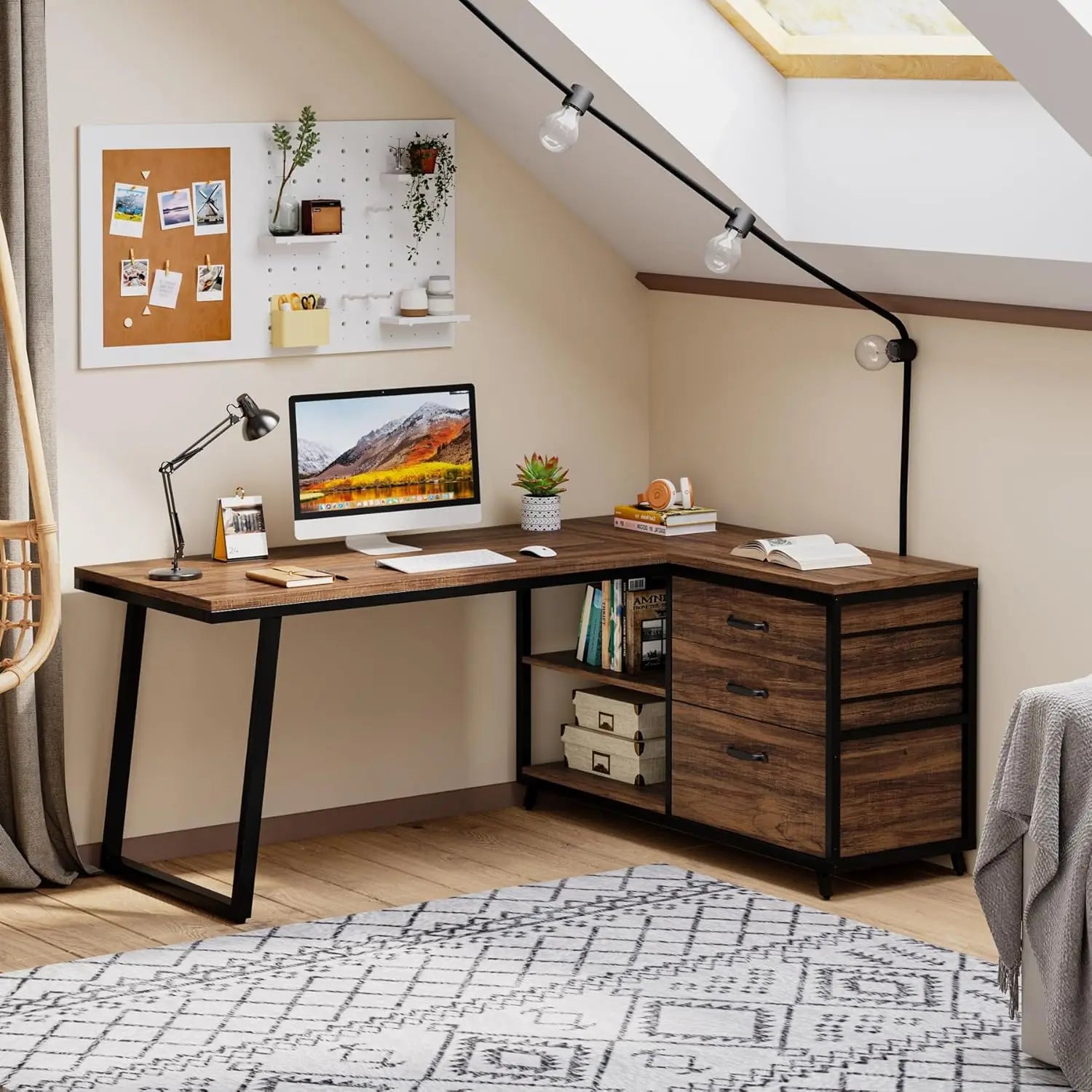 53-Inch Industrial L-Shaped Computer Desk