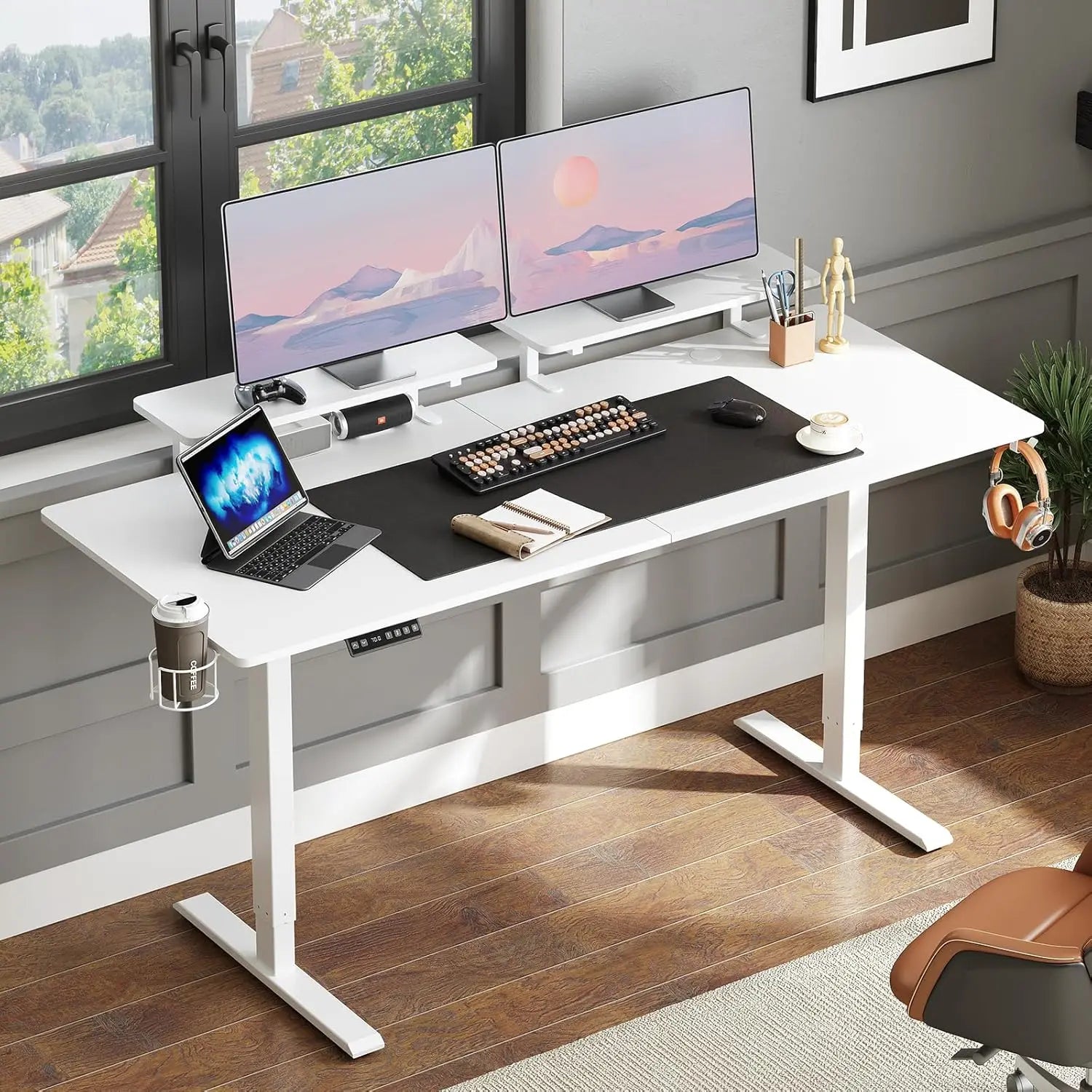 Electric Standing Desk with Adjustable Monitor Shelves