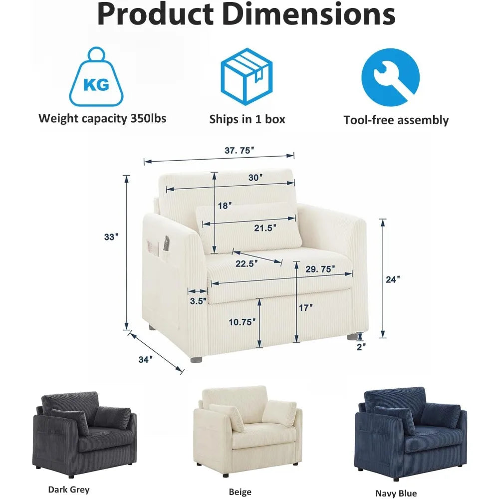 Modern Corduroy Armchair with Pillows and Pockets
