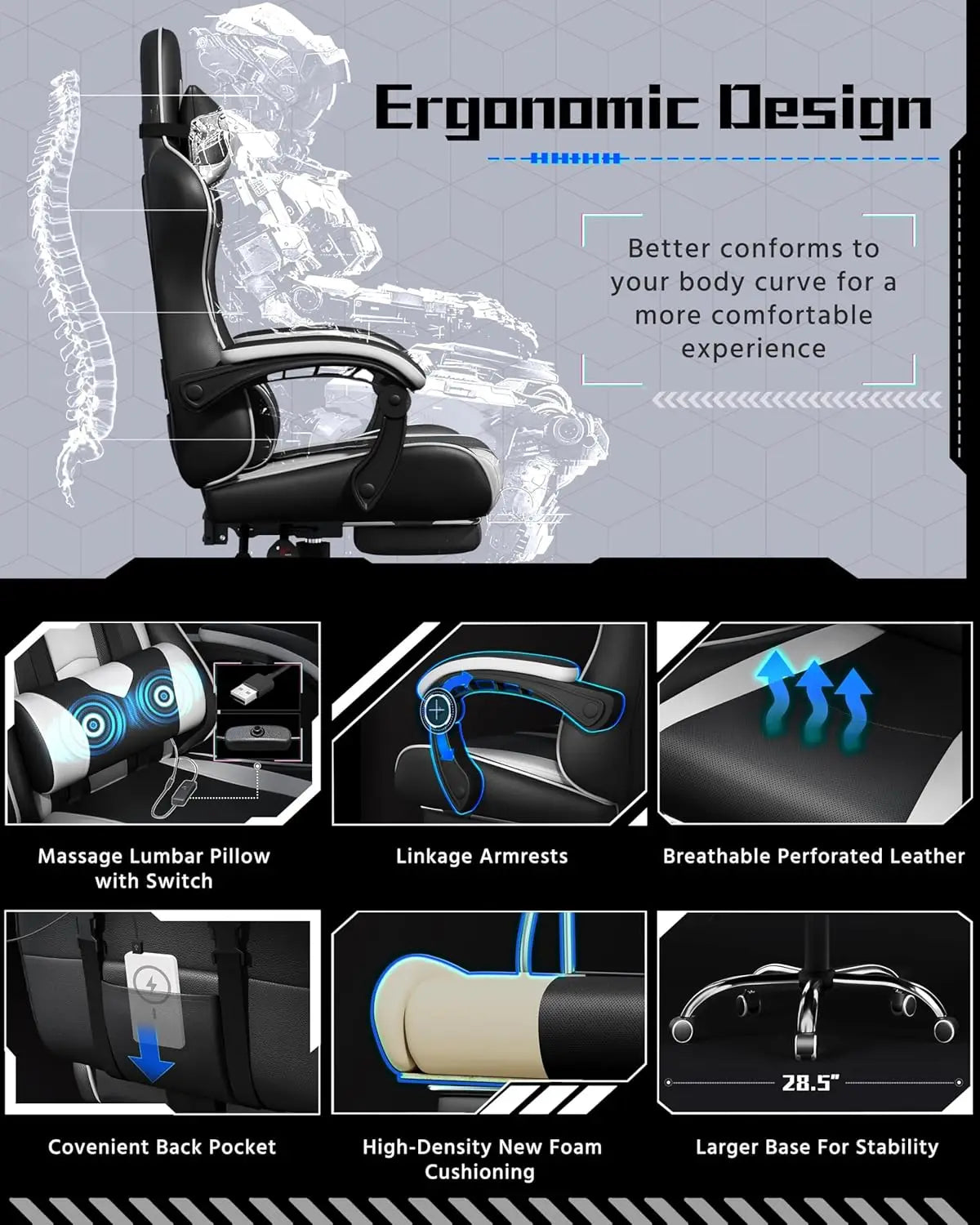 Ergonomic Gaming Chair with Massage and Footrest