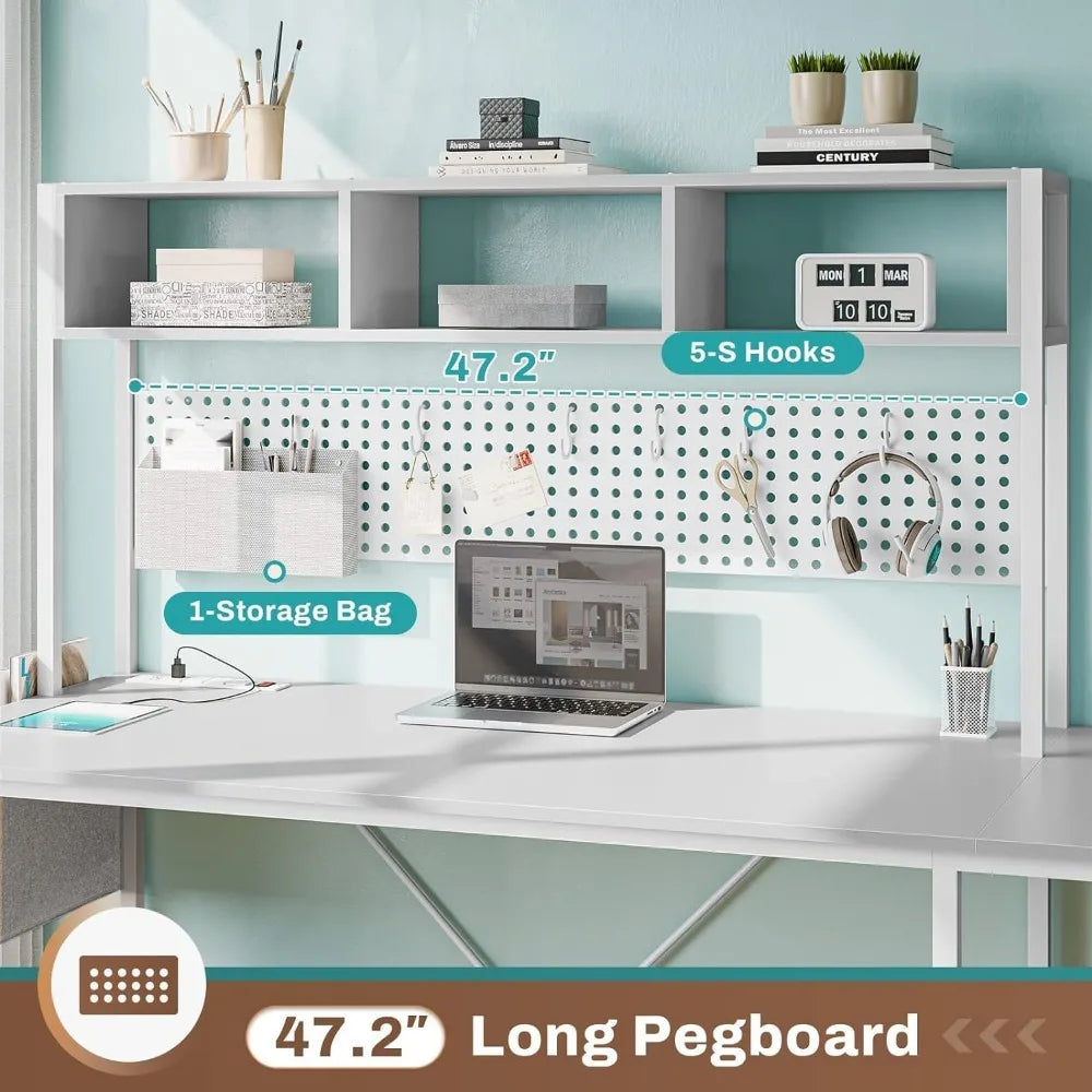 White L-Shaped Gaming Desk with Power Outlet