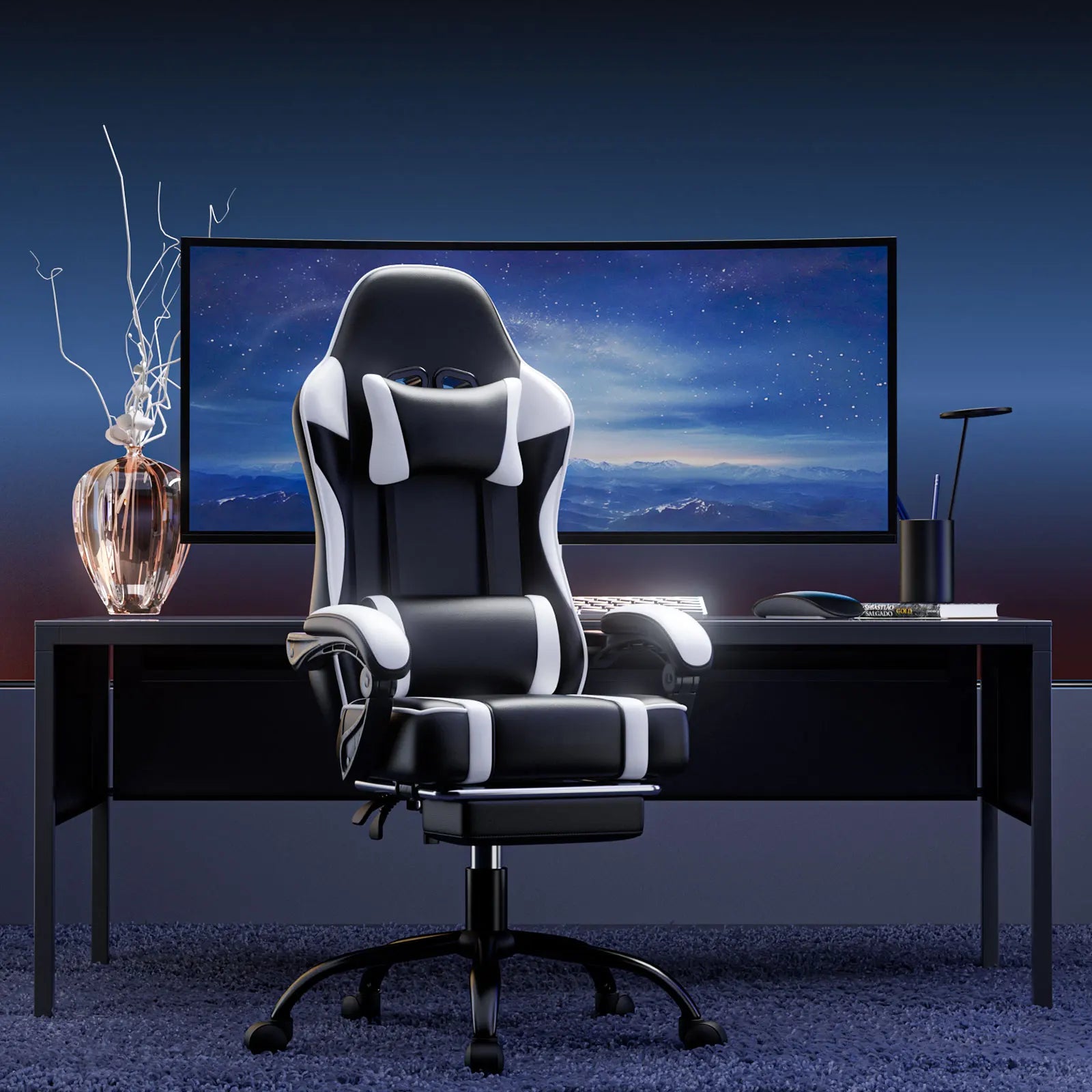Ergonomic Gaming Chair with Footrest and Headrest