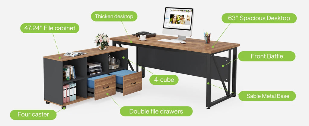 L-Shaped Executive Desk with Lateral File Cabinet