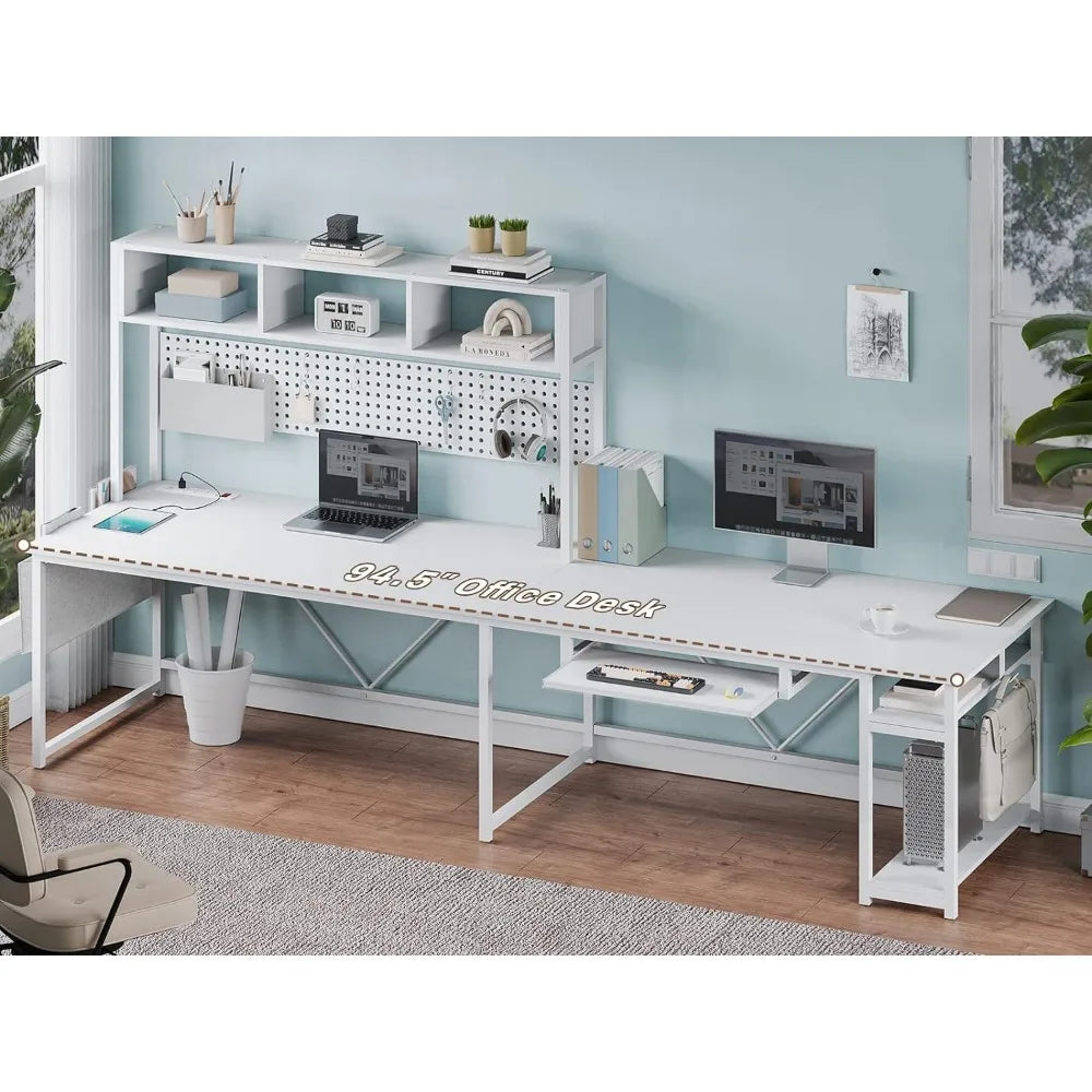 White L-Shaped Gaming Desk with Power Outlet