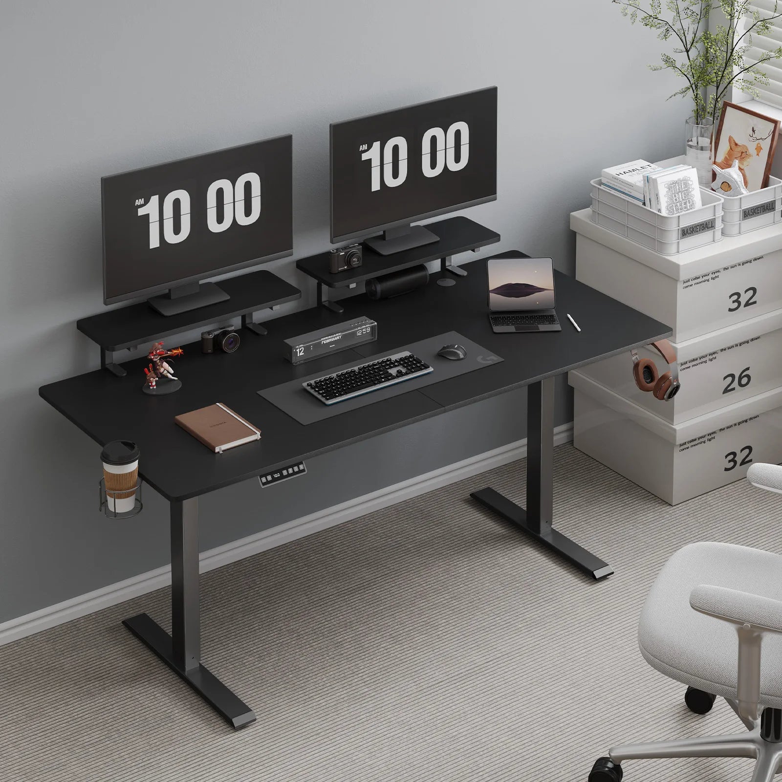 Electric Standing Desk with Adjustable Monitor Shelves