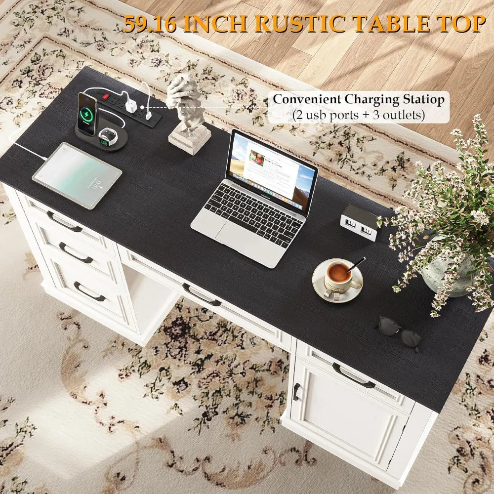 Farmhouse Executive Desk with Charging Station