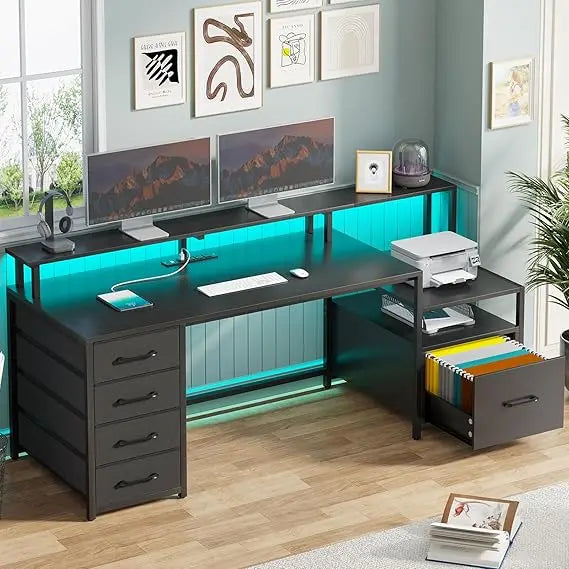 66-Inch Office Desk with Drawers and LED Lights