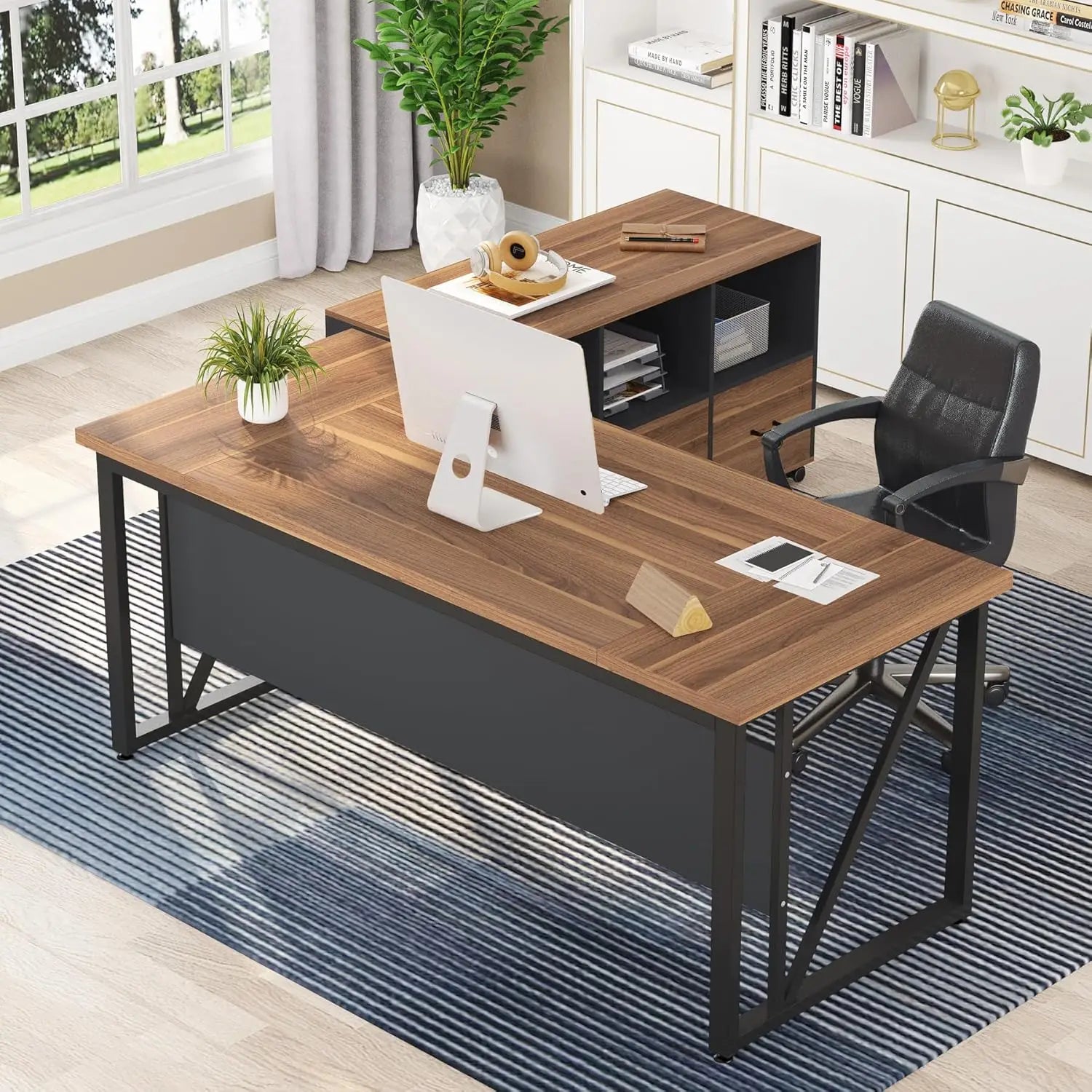 L-Shaped Executive Desk with Lateral File Cabinet