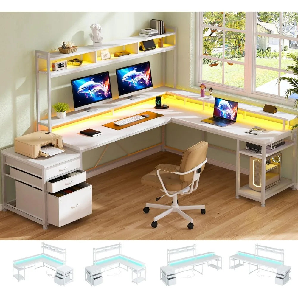 L-Shaped Corner Desk with Hutch and Drawers