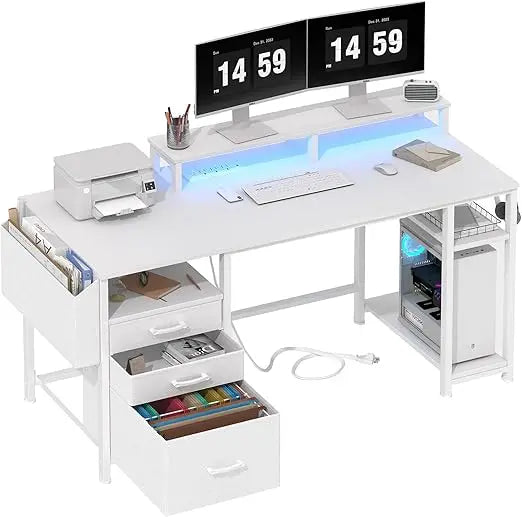 Home Office Desk with Drawers and Monitor Stand