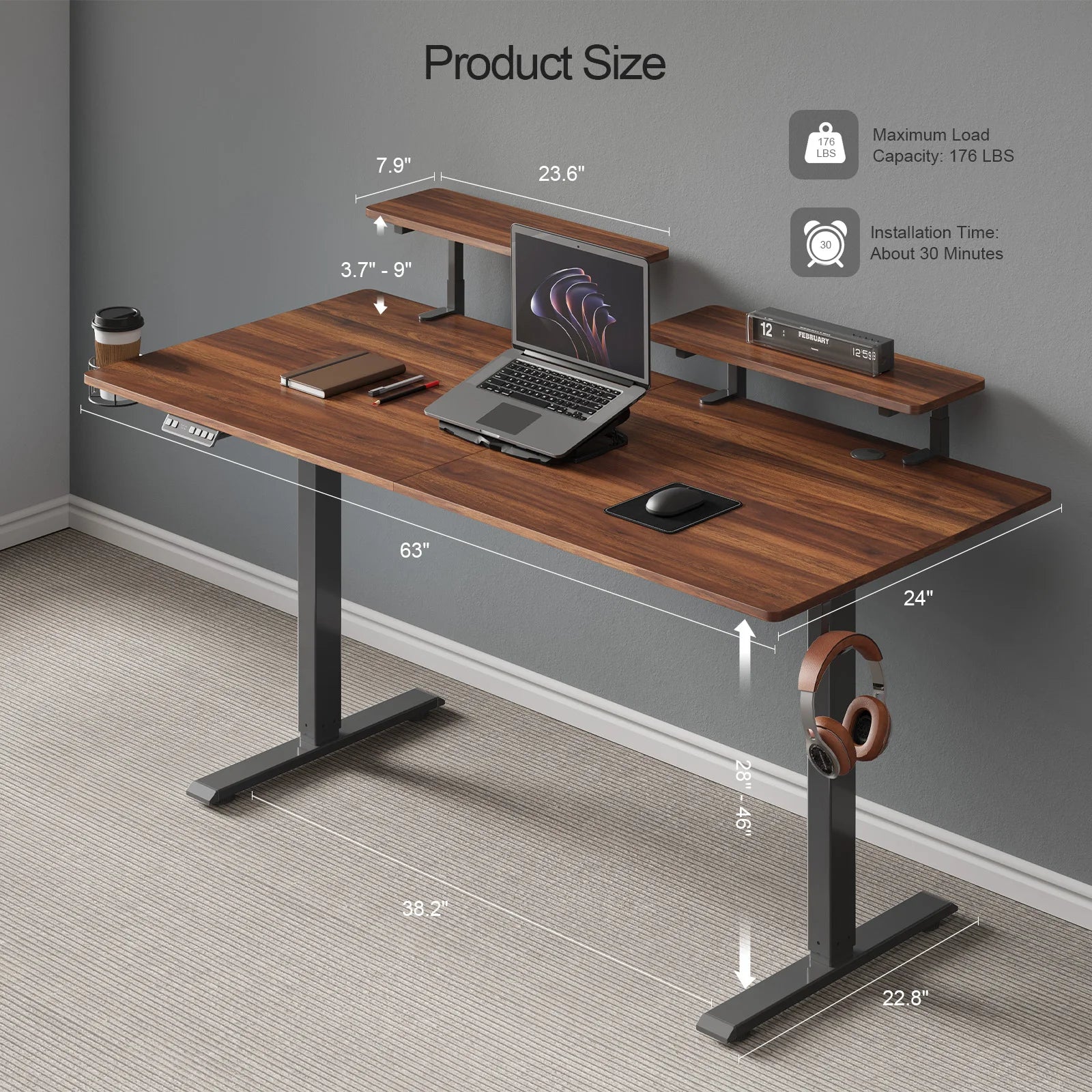 Electric Standing Desk with Adjustable Monitor Shelves