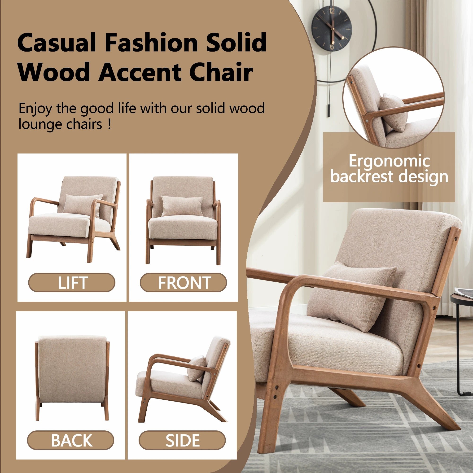 Solid Wood Casual Living Room Chair with Pillow