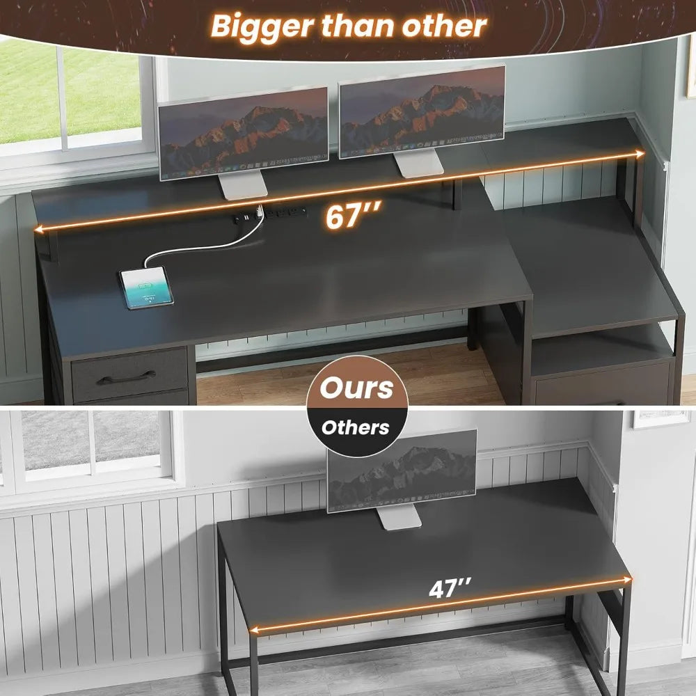 66-Inch Office Desk with Drawers and LED Lights