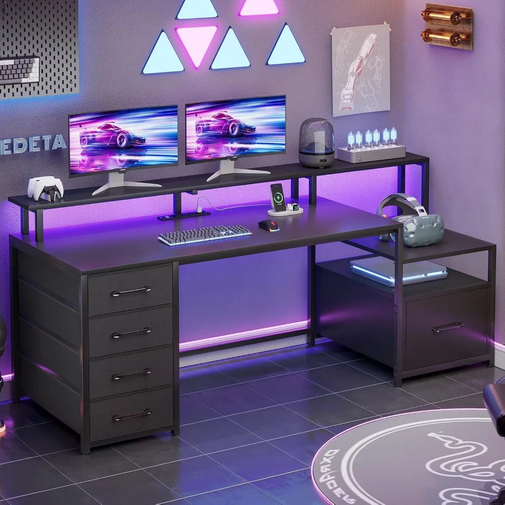 66-Inch Office Desk with Drawers and LED Lights