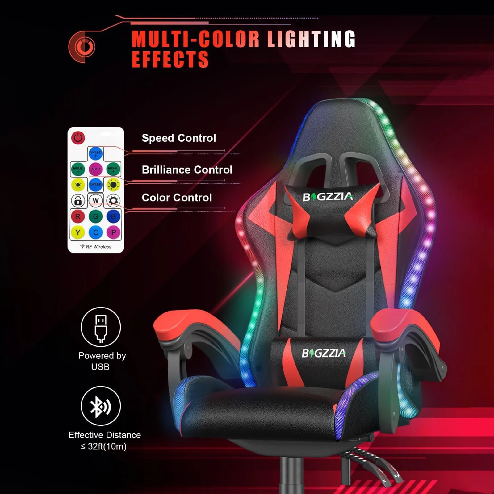 RGB Gaming Chair with LED Lights and Headrest