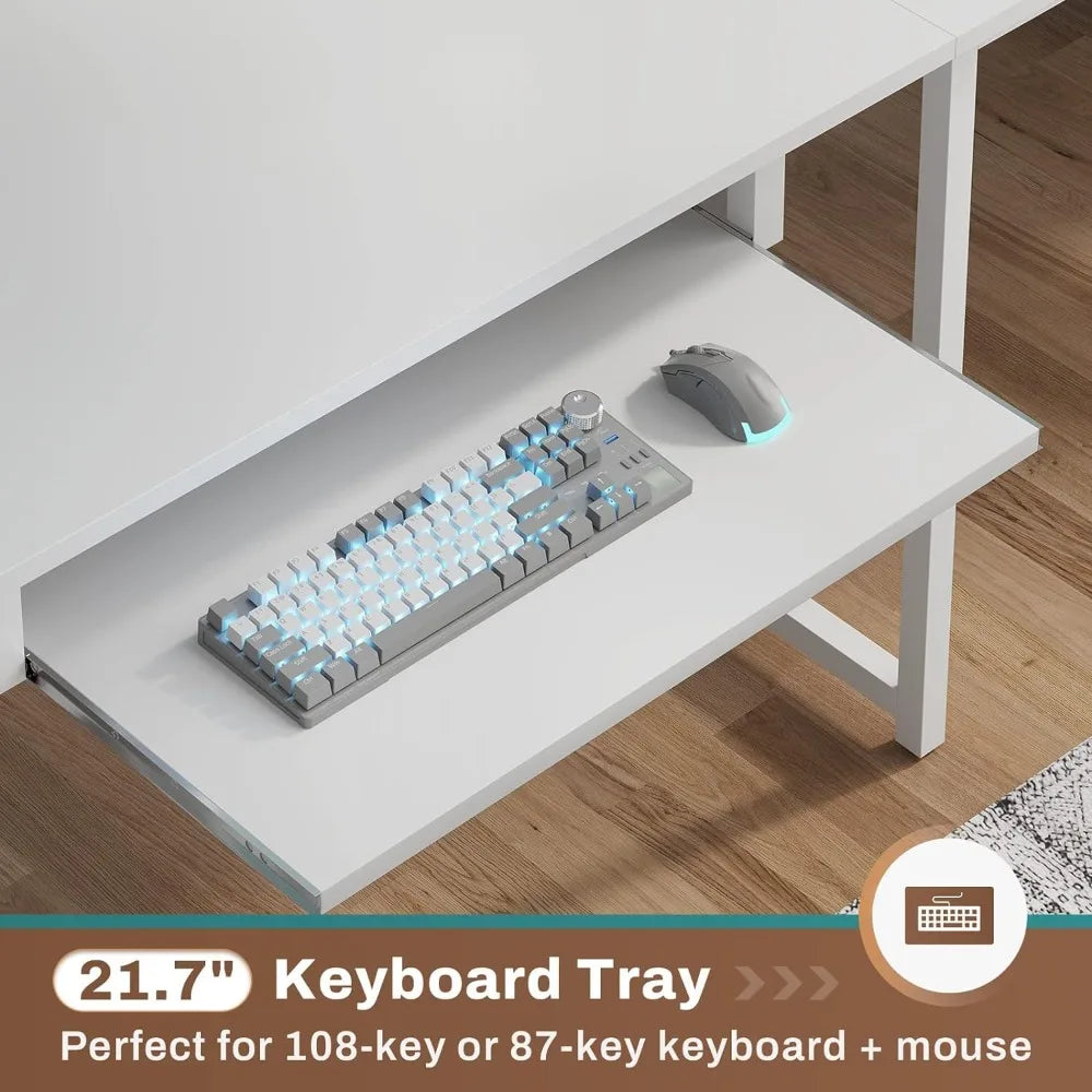 White L-Shaped Gaming Desk with Power Outlet