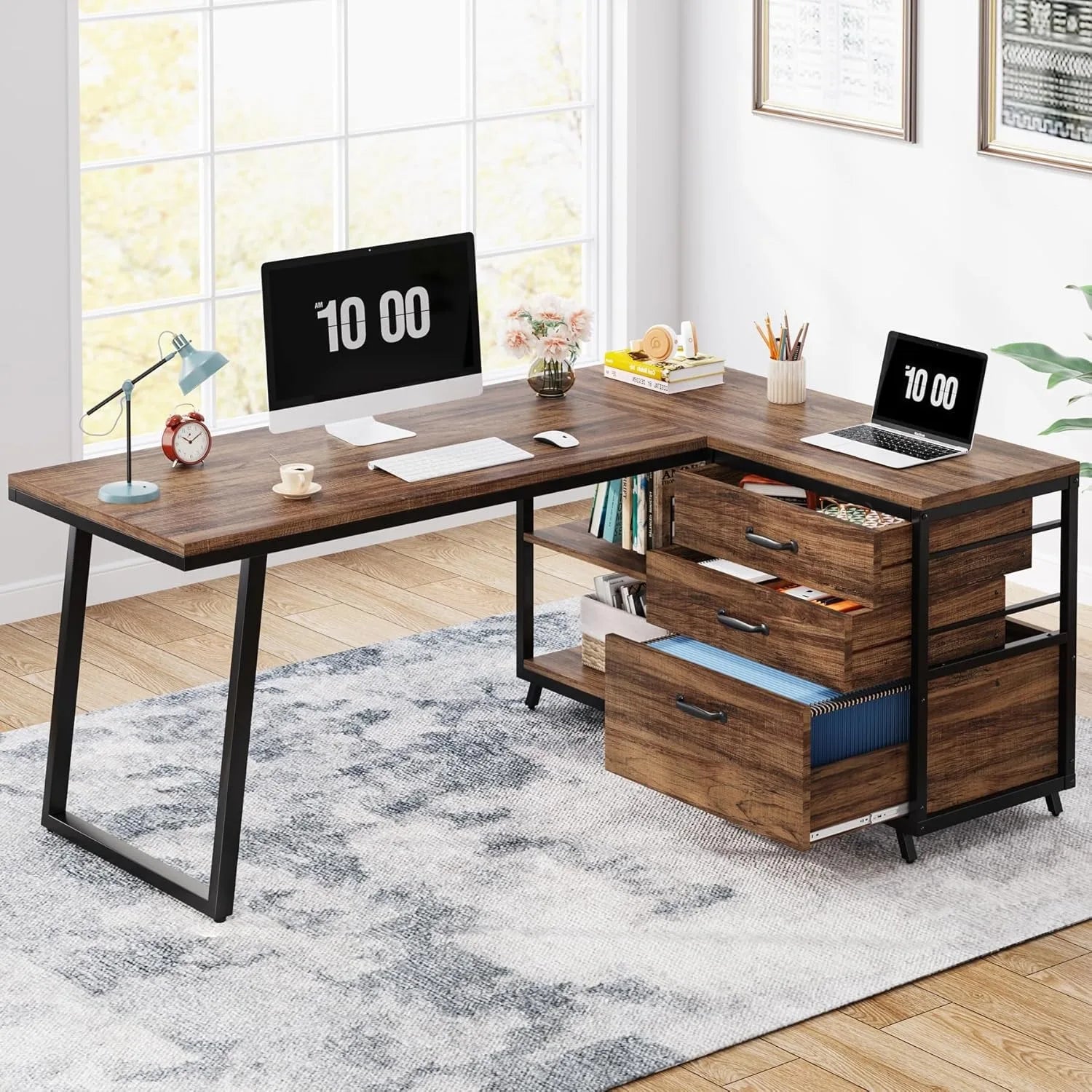 53-Inch Industrial L-Shaped Computer Desk
