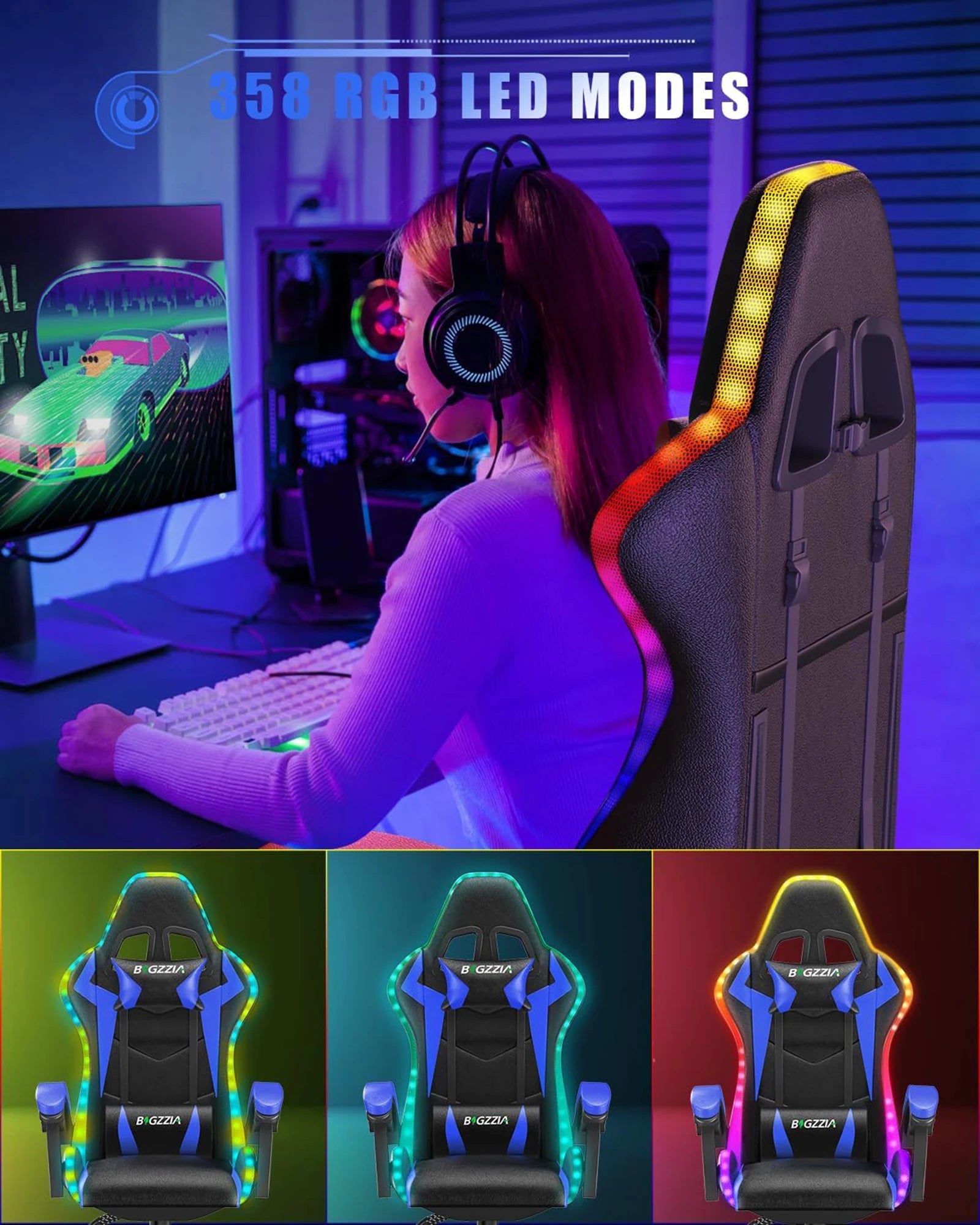 RGB Gaming Chair with LED Lights and Headrest