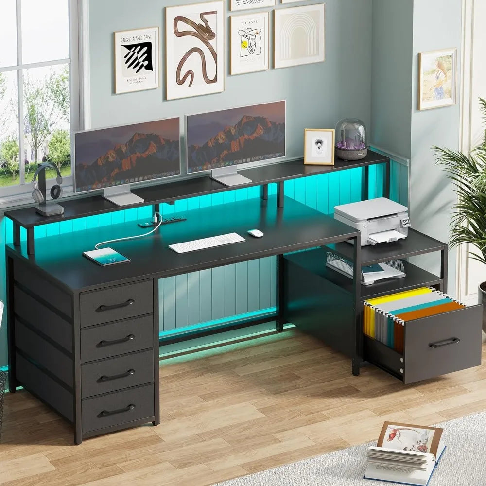 66-Inch Office Desk with Drawers and LED Lights