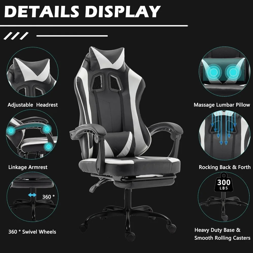 Large Ergonomic Gaming Chair with Massage and Footrest
