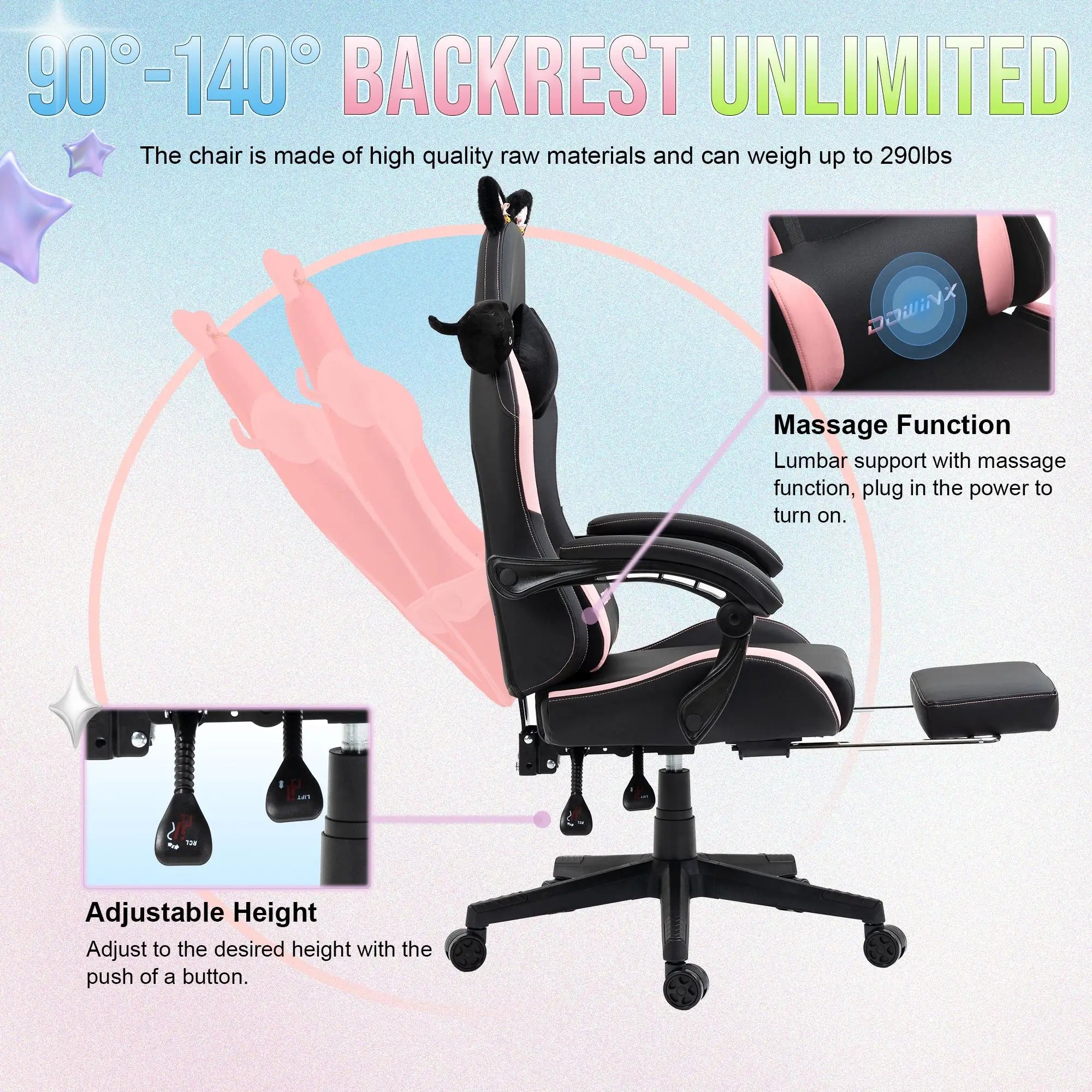Cute Gaming Chair with Cat Ears and Massage