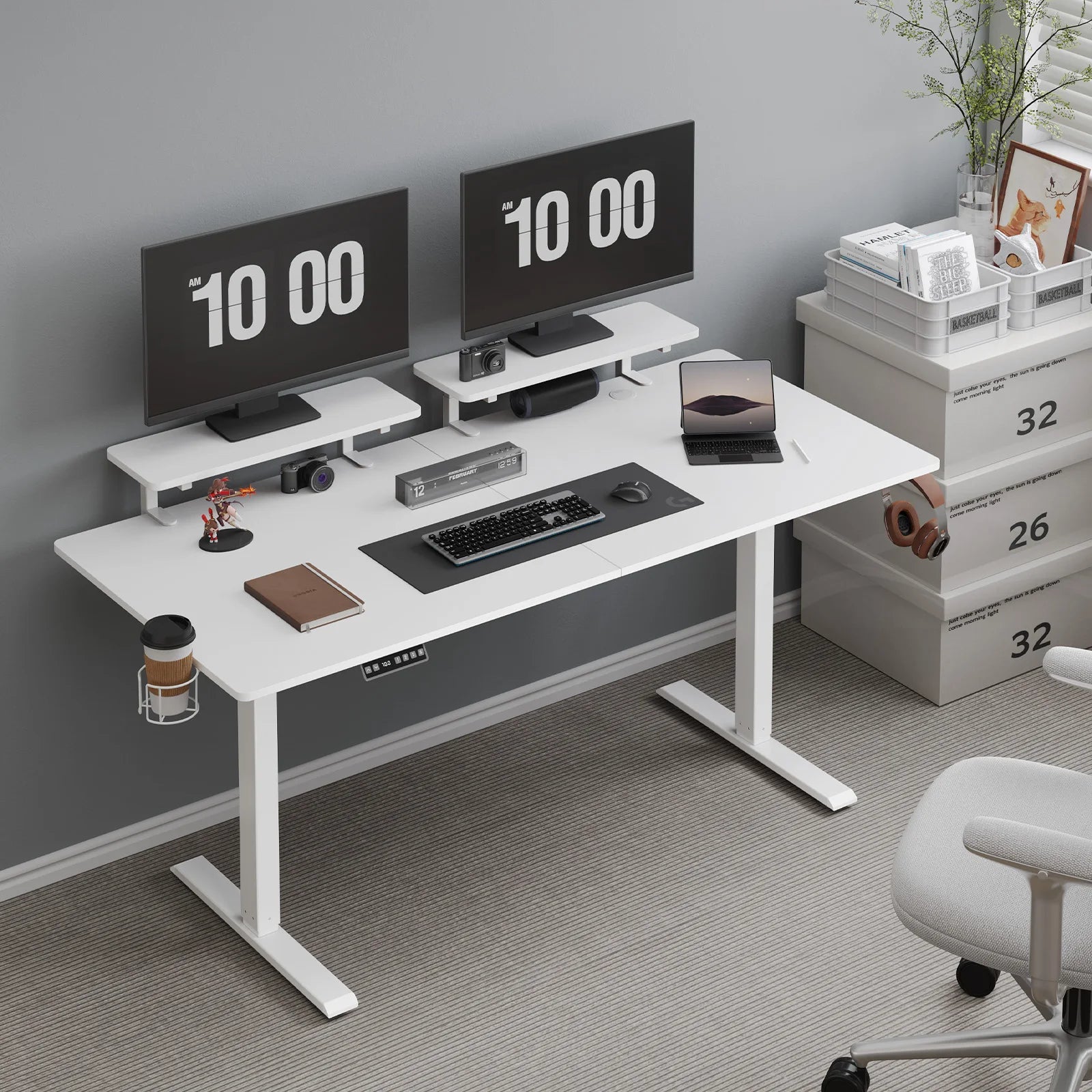 Electric Standing Desk with Adjustable Monitor Shelves