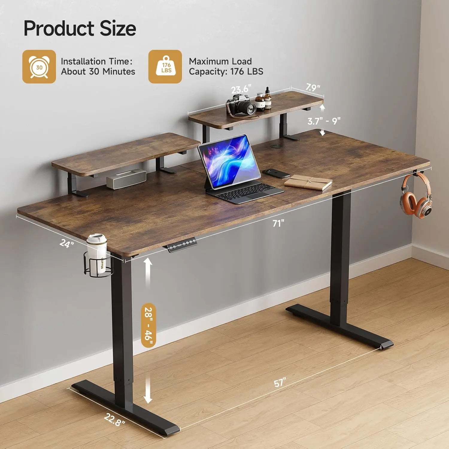 Electric Standing Desk with Adjustable Monitor Shelves