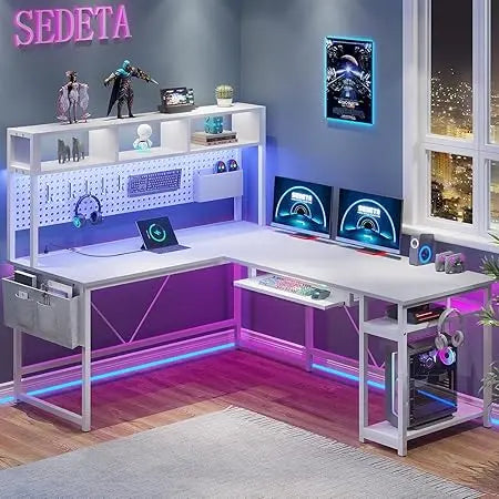 White L-Shaped Gaming Desk with Power Outlet