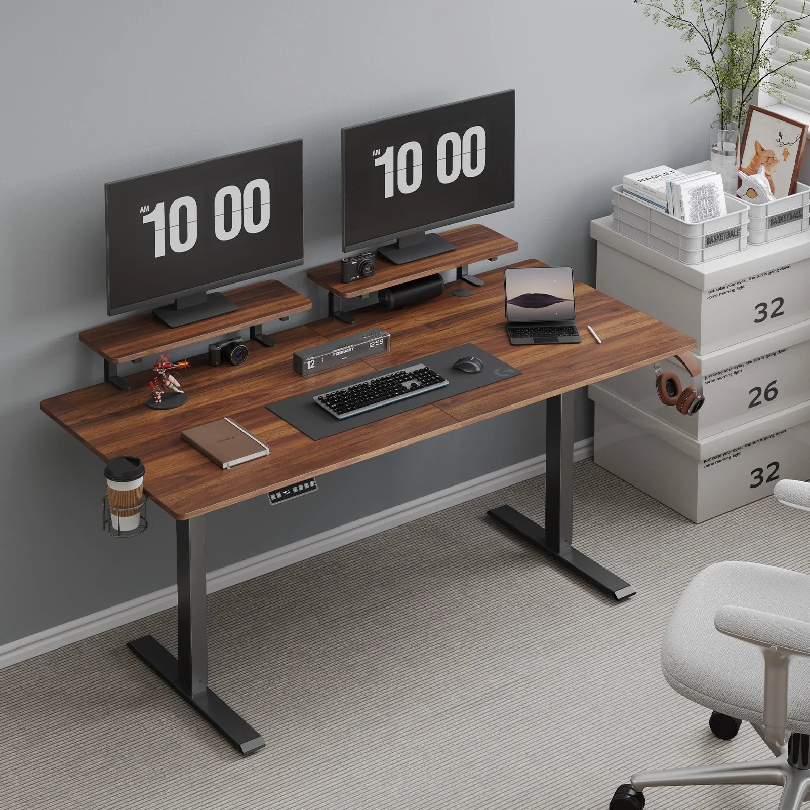 Electric Standing Desk with Adjustable Monitor Shelves