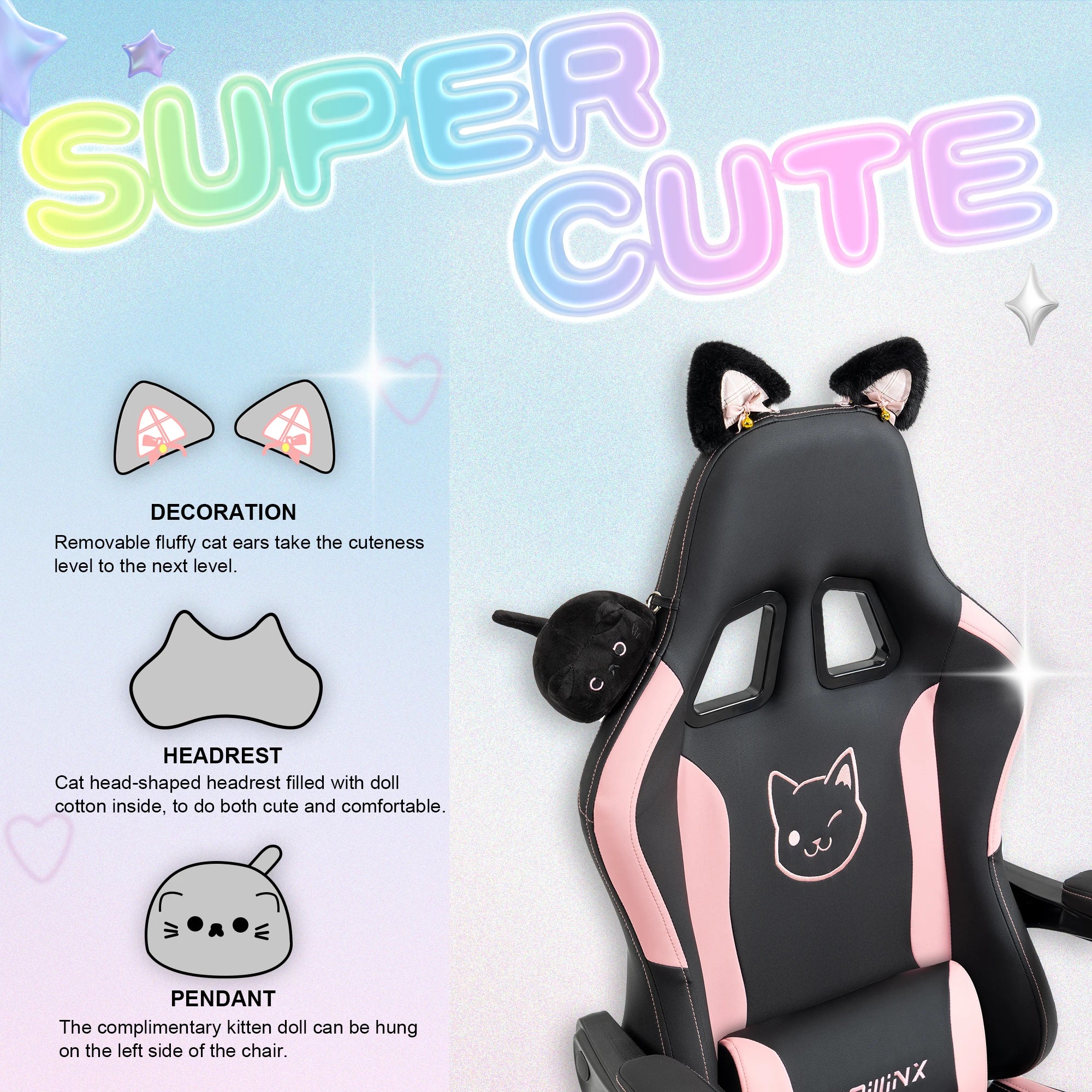 Cute Gaming Chair with Cat Ears and Massage