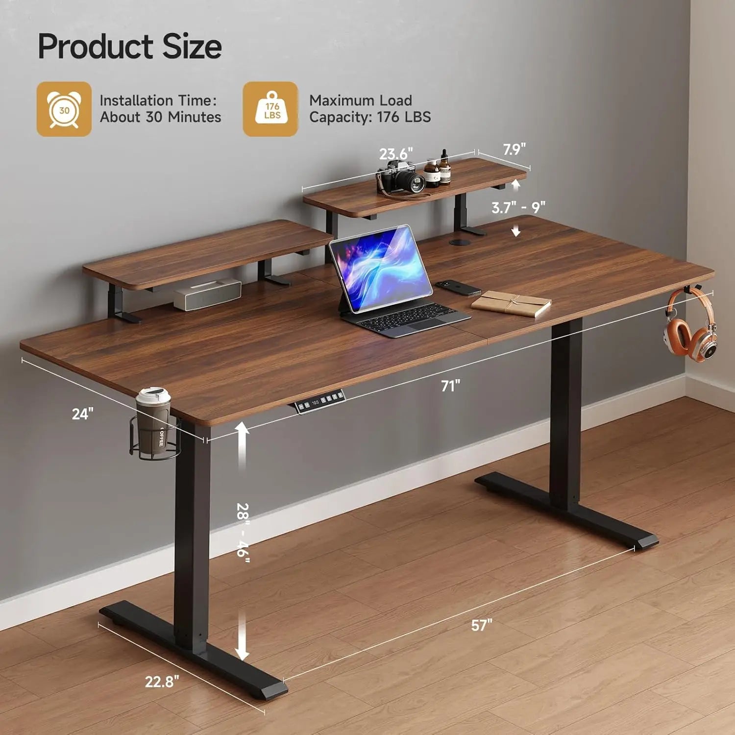 Electric Standing Desk with Adjustable Monitor Shelves