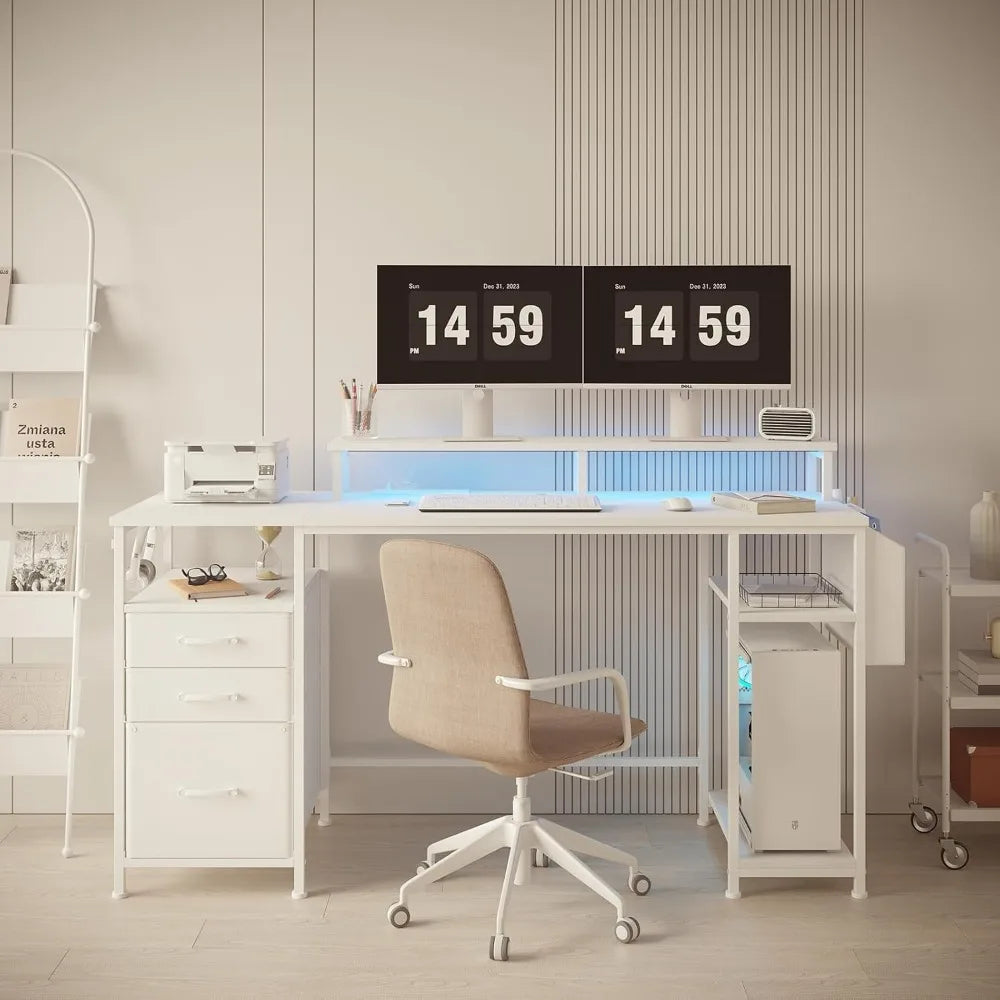 Home Office Desk with Drawers and Monitor Stand