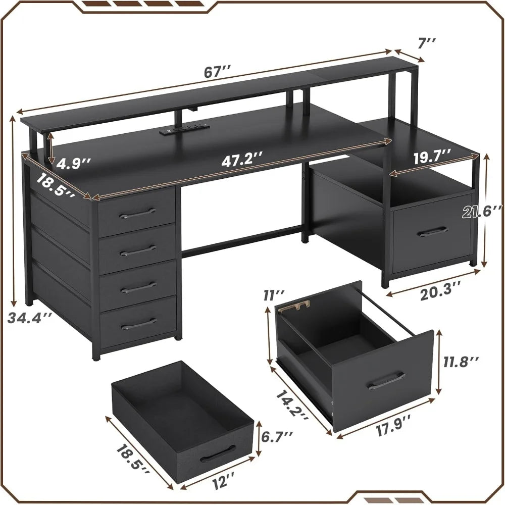 66-Inch Office Desk with Drawers and LED Lights
