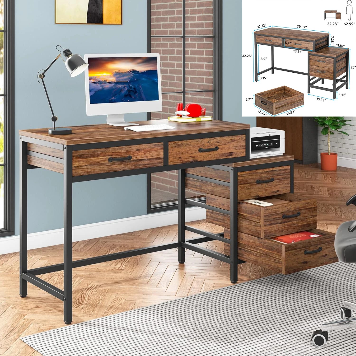 53-Inch Industrial L-Shaped Computer Desk