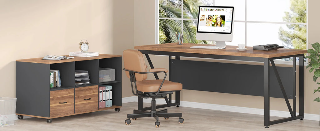 L-Shaped Executive Desk with Lateral File Cabinet