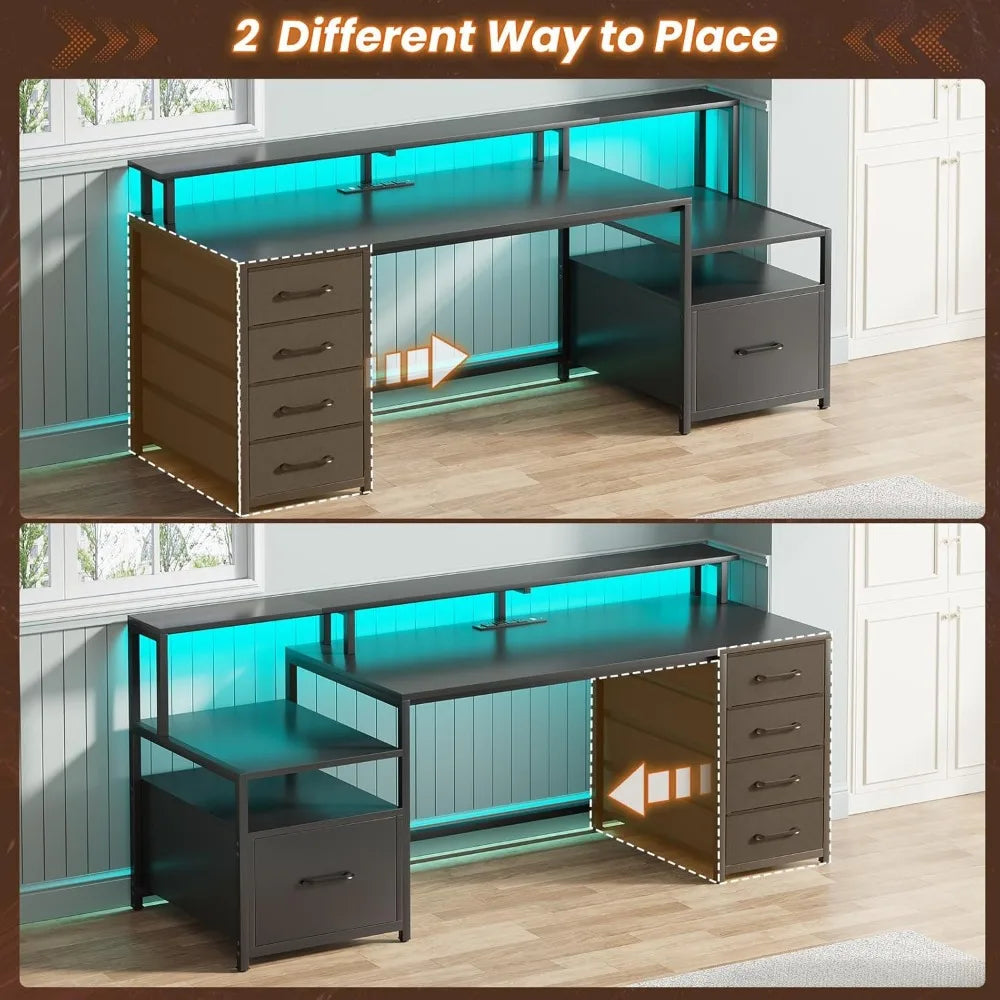 66-Inch Office Desk with Drawers and LED Lights