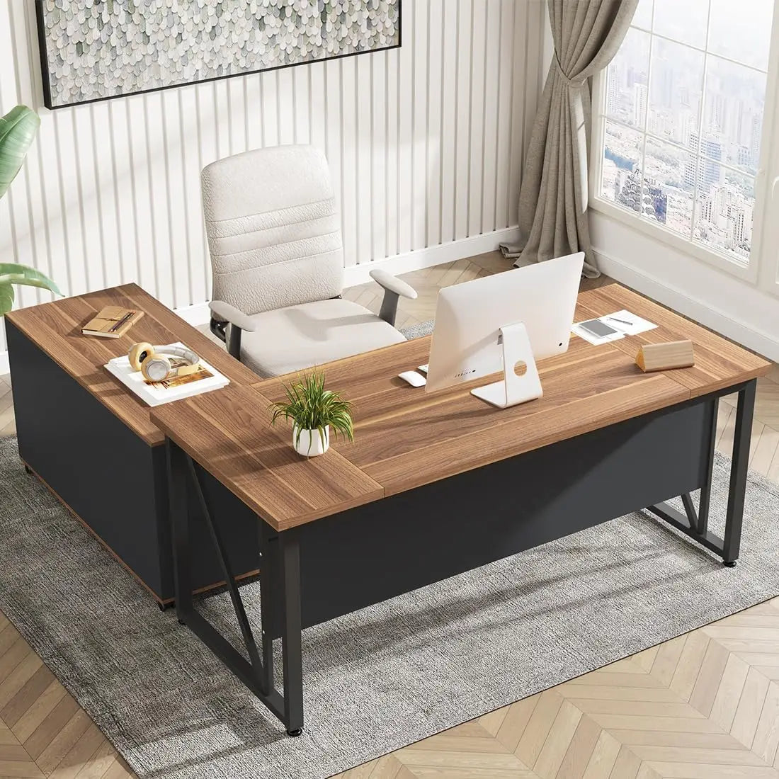 L-Shaped Executive Desk with Lateral File Cabinet