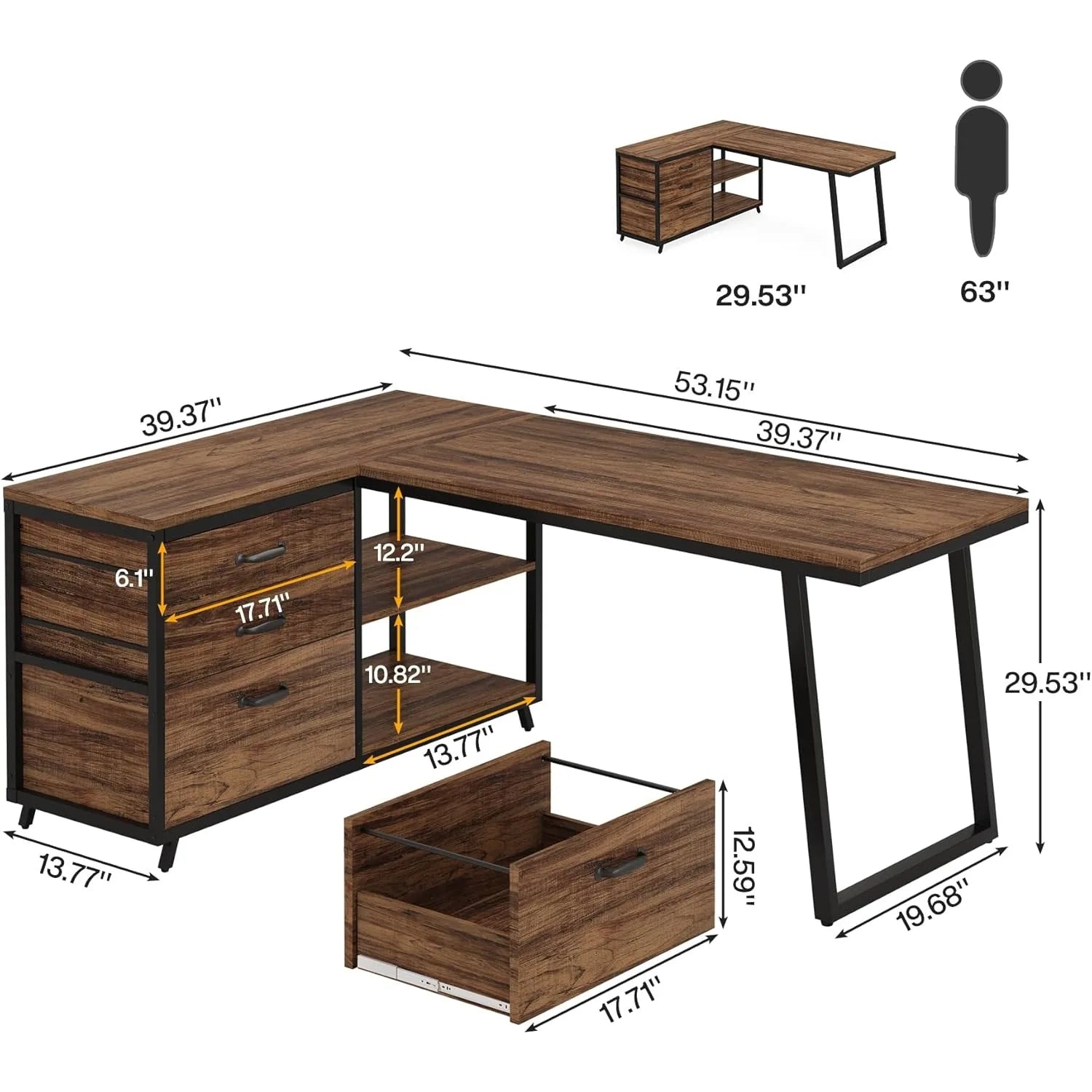 53-Inch Industrial L-Shaped Computer Desk