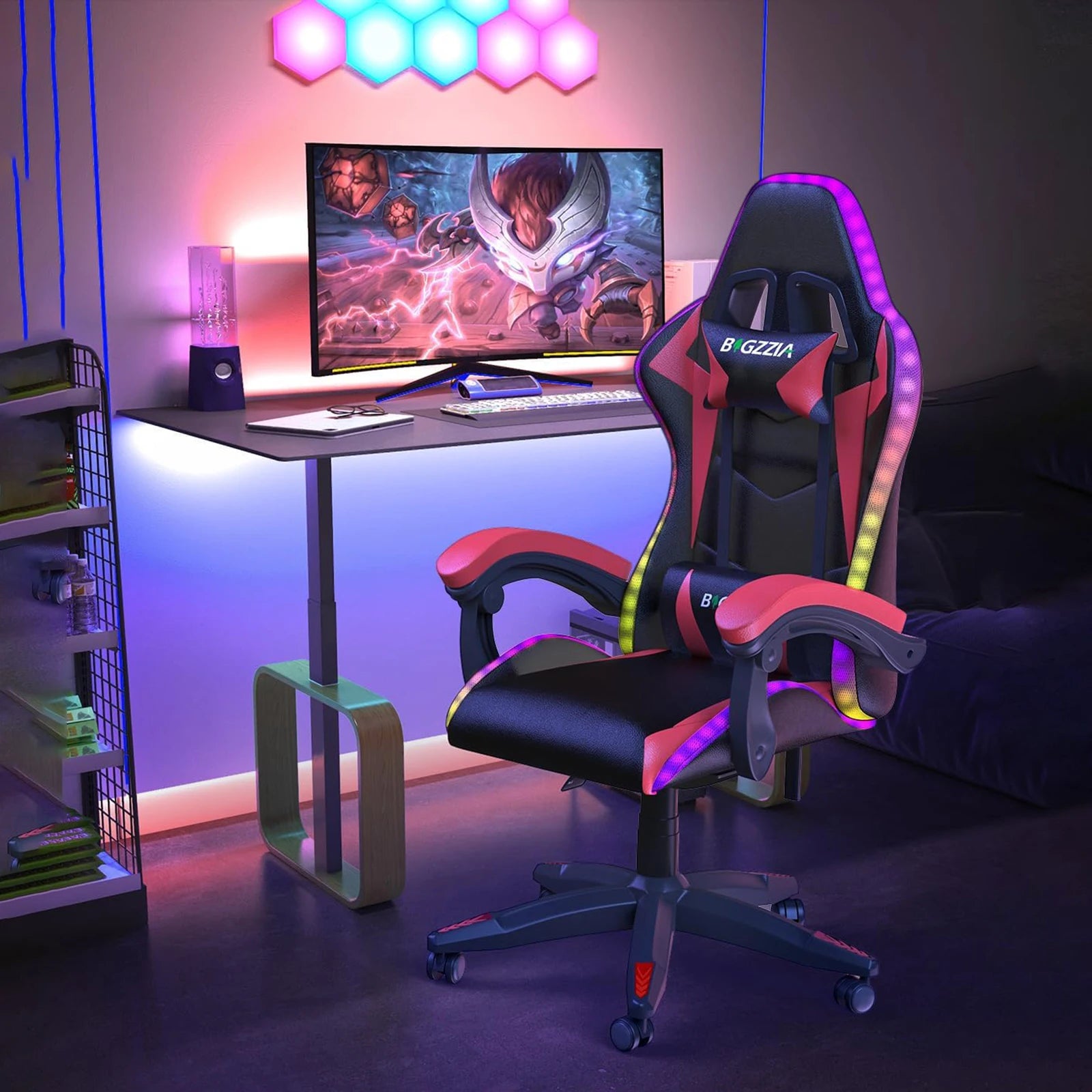 RGB Gaming Chair with LED Lights and Headrest