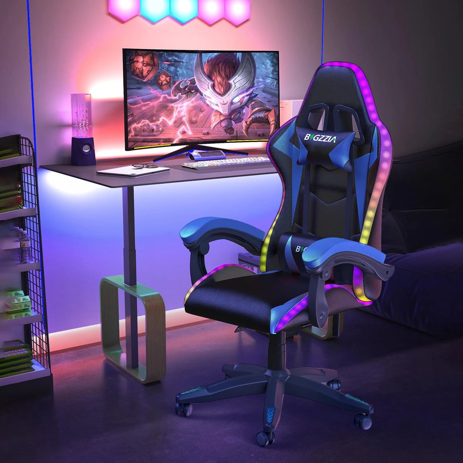 RGB Gaming Chair with LED Lights and Headrest