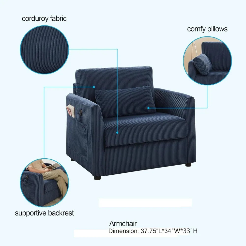 Modern Corduroy Armchair with Pillows and Pockets