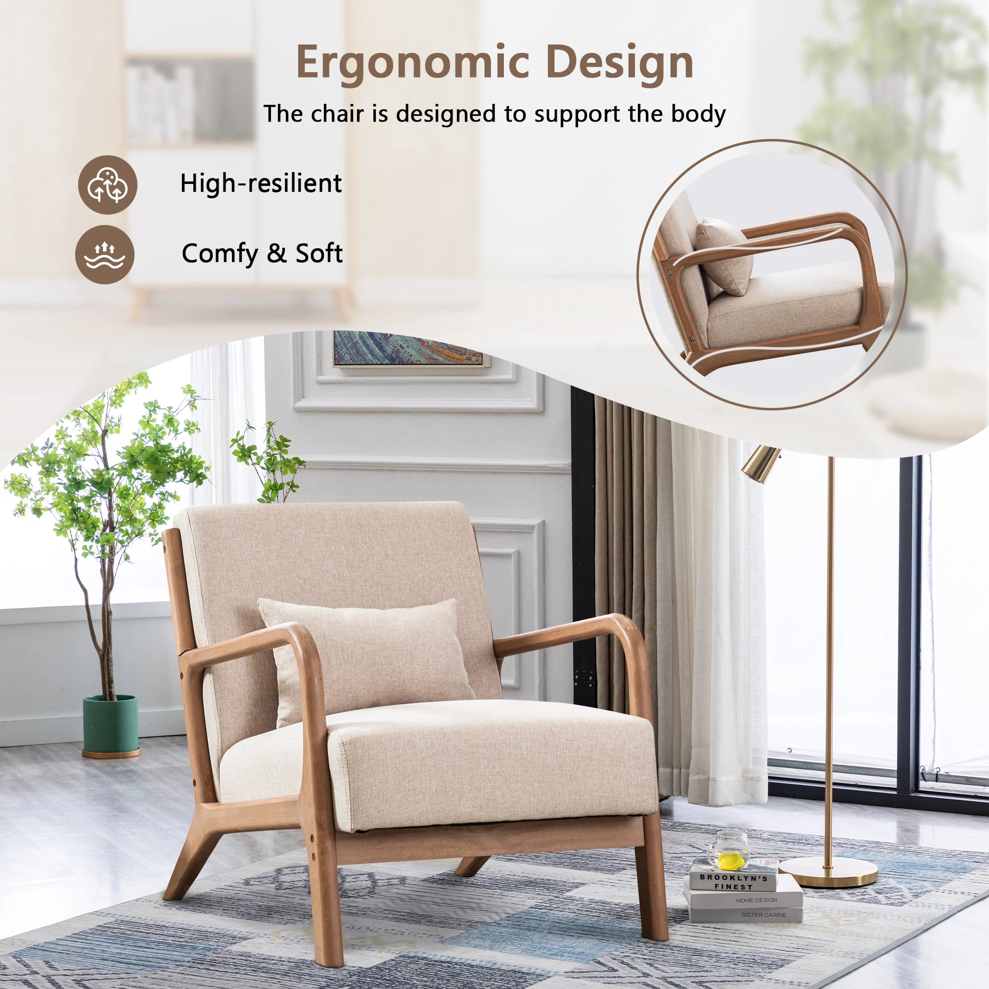 Solid Wood Casual Living Room Chair with Pillow